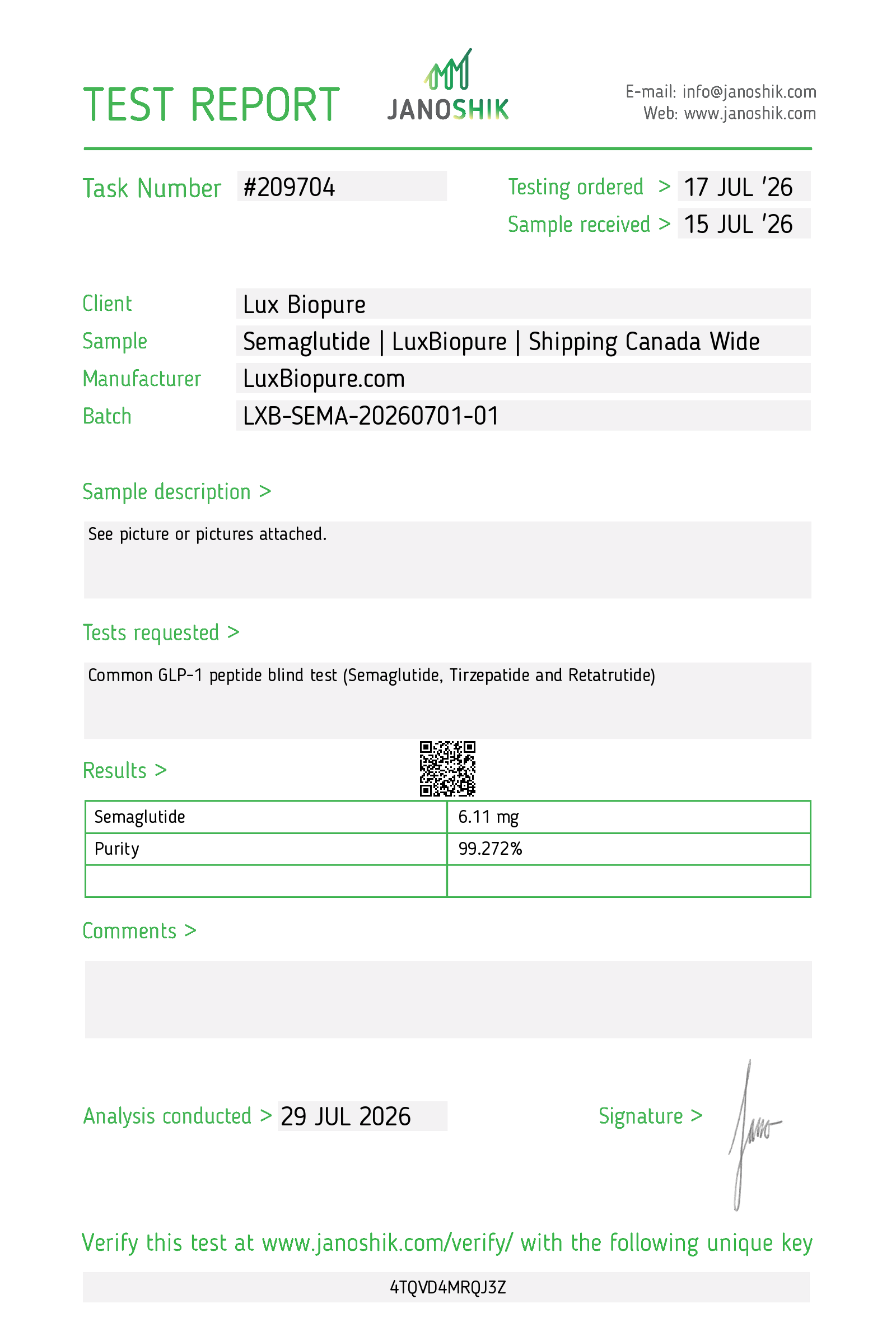 Lab report for Semaglutide 10mg, batch LXB-SEMA-20260701-01