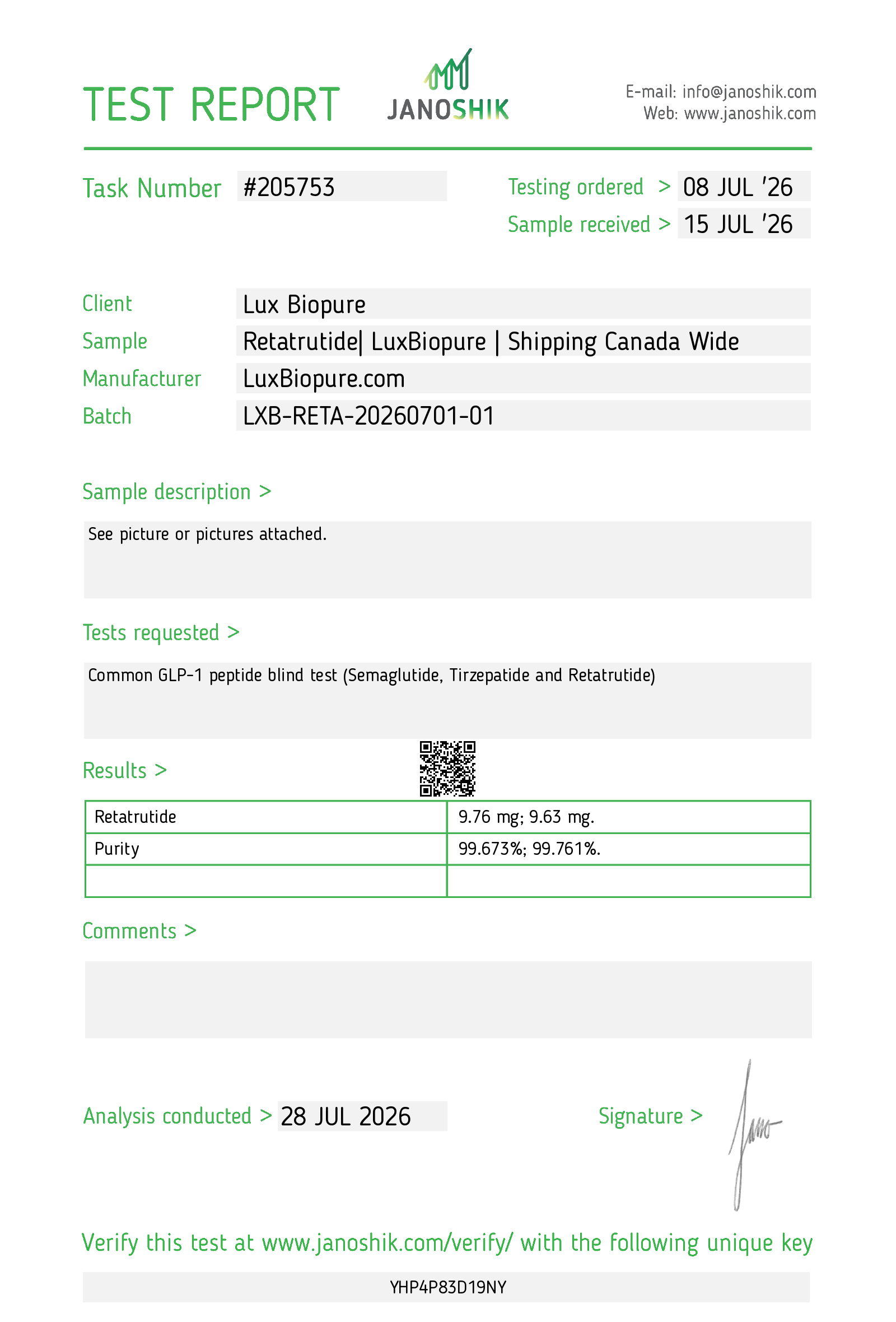 Lab report for Retatrutide 10mg, batch LXB-RETA-20260701-01